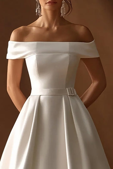 Ivory Satin A Line Off the Shoulder Long Engagement Dress
